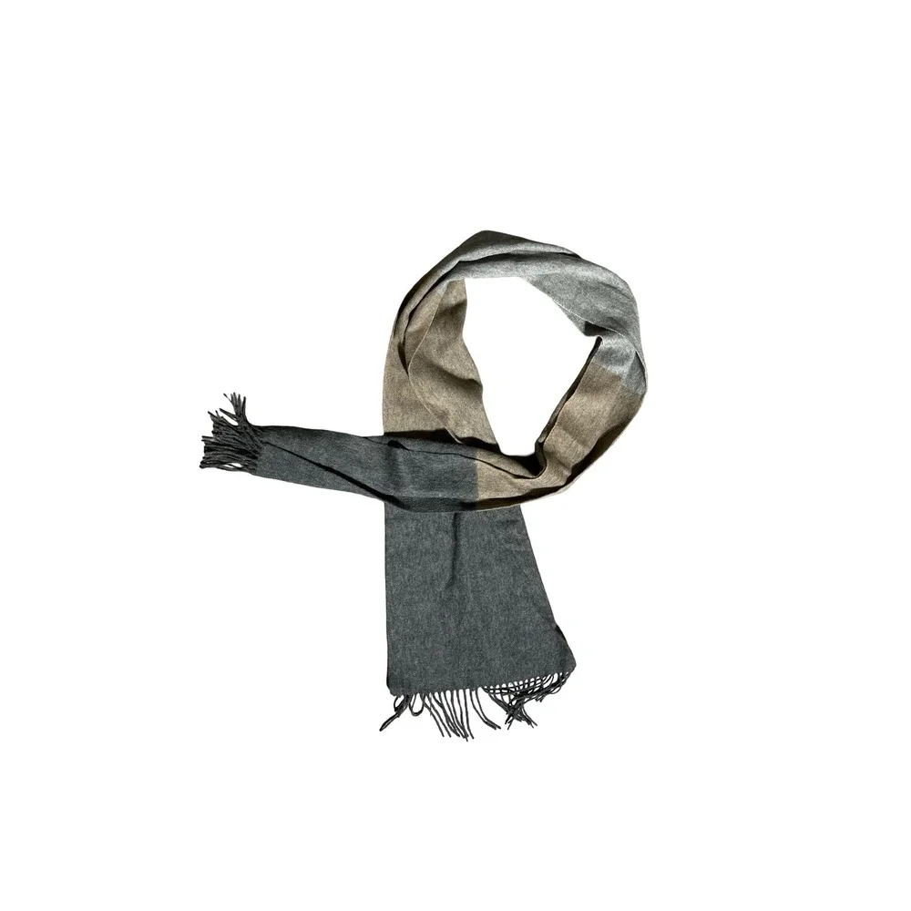 Nordstrom Men's Shop 100% Wool Colorblock Scarf Grey Tan Fringe 73x12